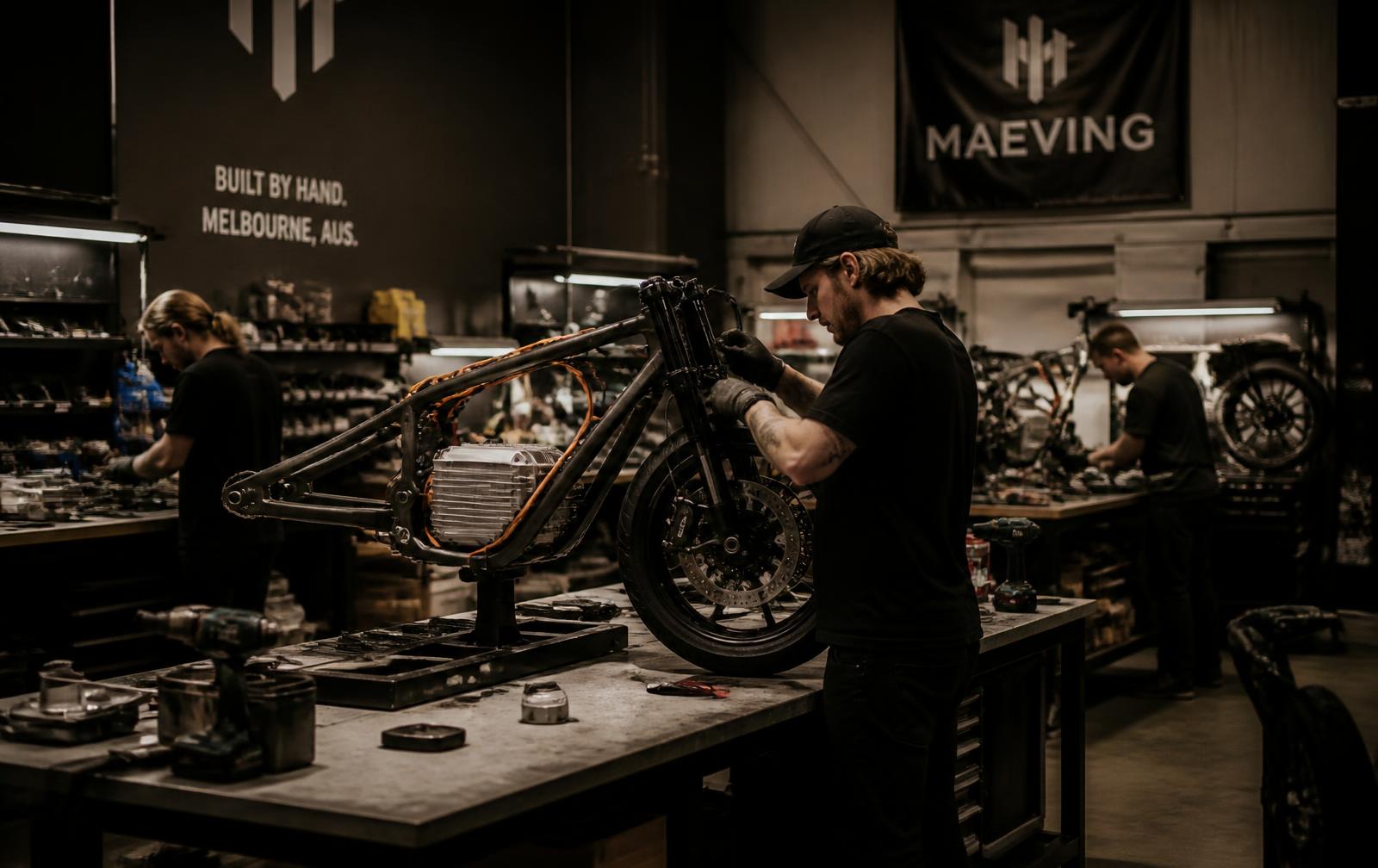 Savic workshop in Melbourne with a motorcycle frame on an assembly stand